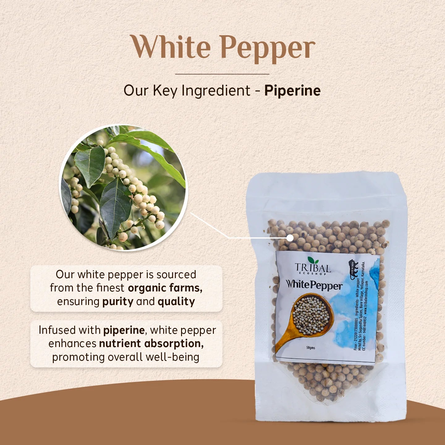 White Pepper 50g | Mild & Aromatic Spice for Cooking & Digestion