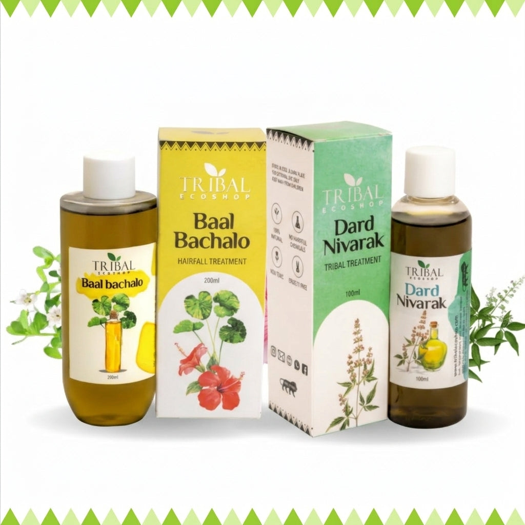 Baal Bachalo & Dard Nivarak Combo by Tribal Eco Shop – Brahmi Hair Oil & Nirgundi Massage Oil | Ayurvedic Scalp & Musculoskeletal Wellness Duo