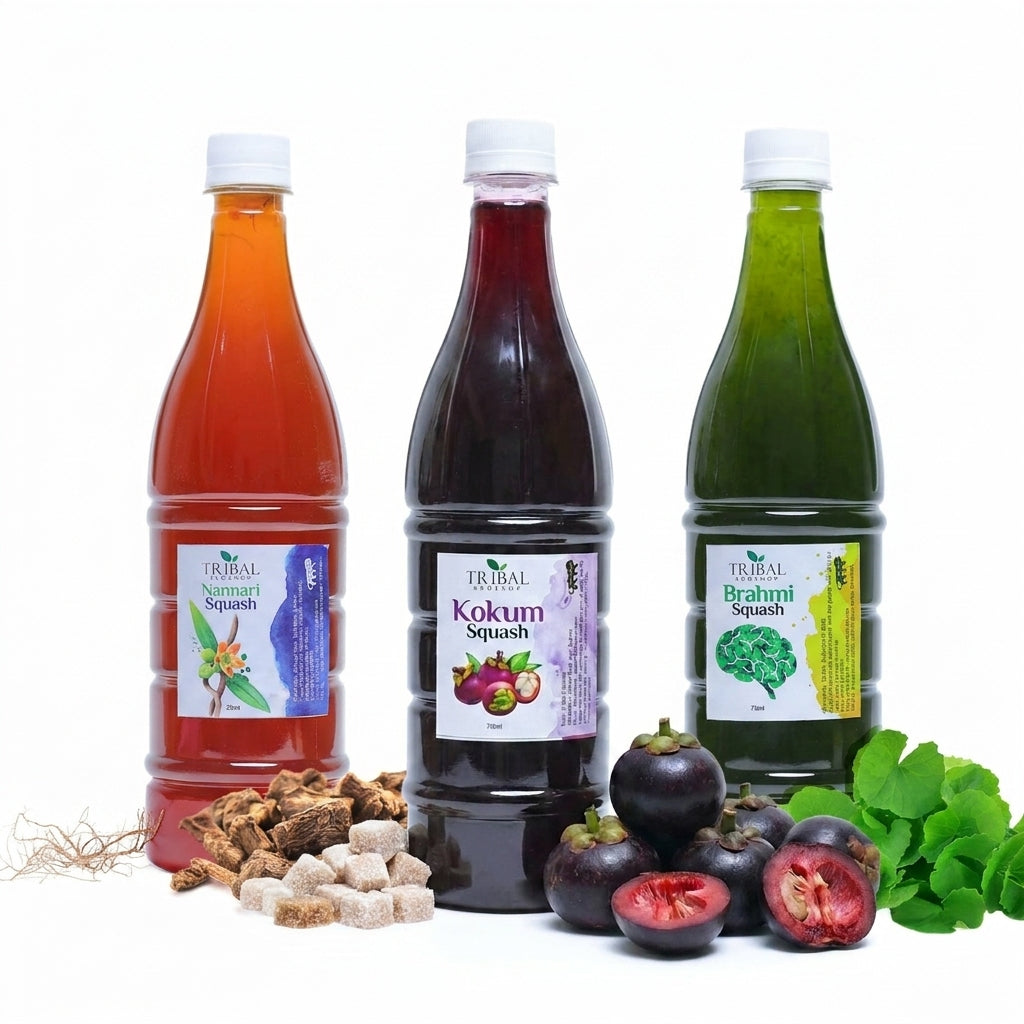 Summer Cooler Squash Combo by Tribal Eco Shop — Nannari, Brahmi & Kokum Ayurvedic Herbal Squash Trio