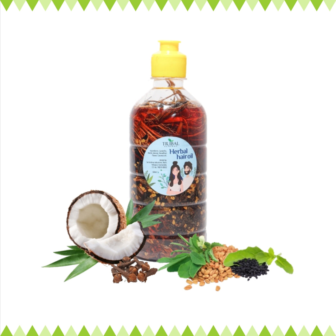 Herbal Hair Oil by Tribal Eco Shop – Wood-Pressed Coconut Oil with 11 Herbs | Scalp & Hair Wellness | 500ml