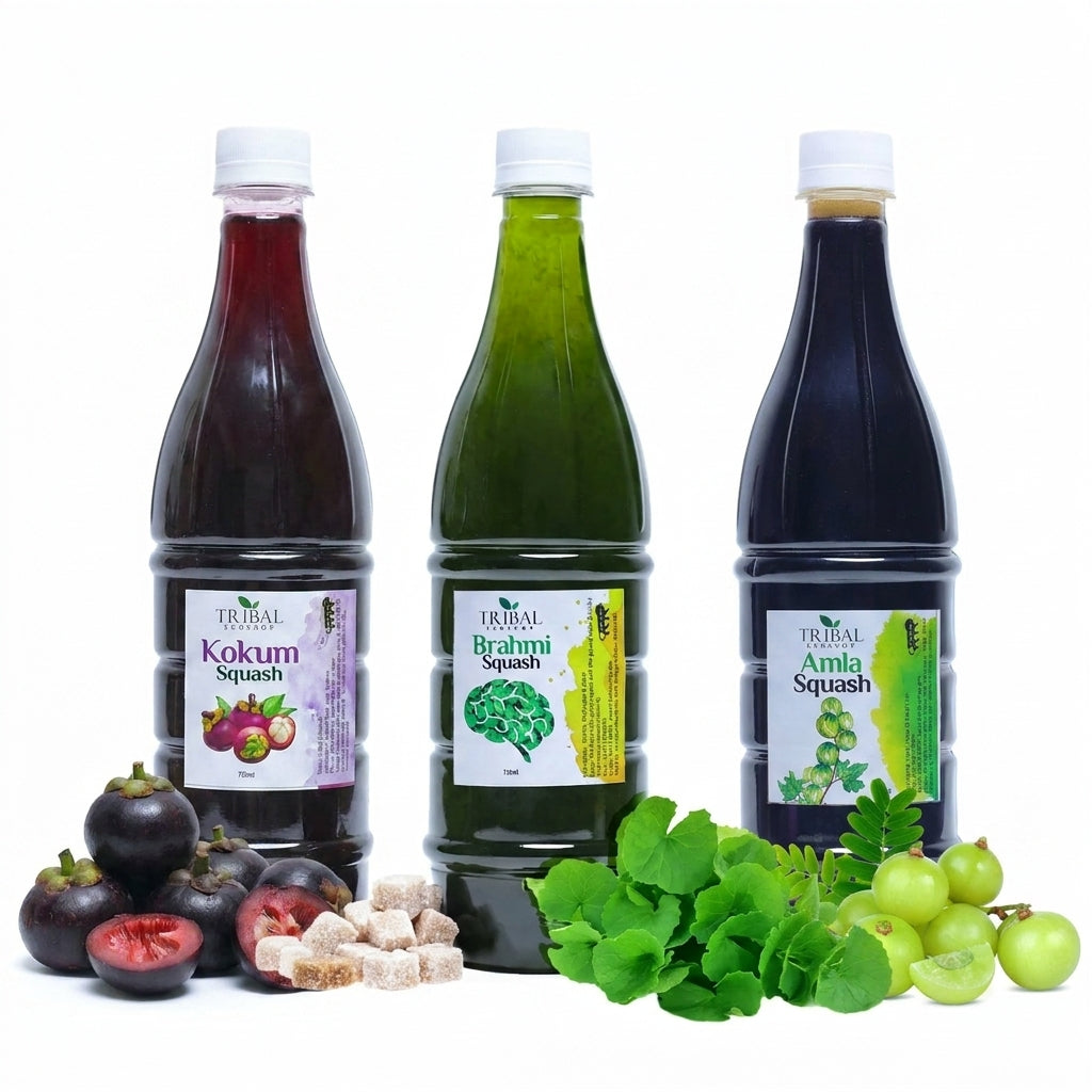 Summer Healthy Squash Combo by Tribal Eco Shop — Amla, Brahmi & Kokum Ayurvedic Herbal Squash Trio